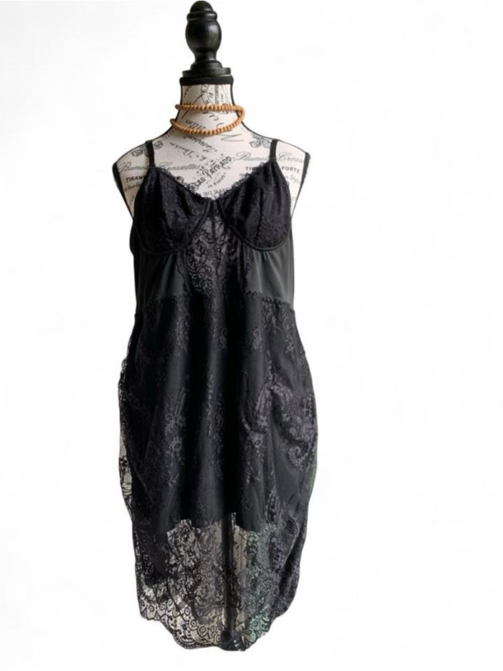 SHEIN Curve Black Lace Slip Dress with Sheer Floral Overlay